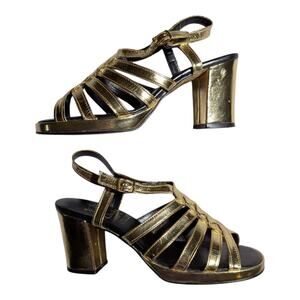Vtg 1970s Clarks Gold Metallic Faux Leather Braided Strap Block Heel Sandals 6.5